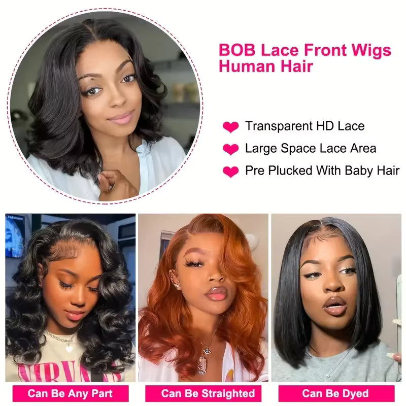 JAYCEE HAIR Wear and Go Echthaar-Perücke, gewellt, kurzer Bob, HD-Lace-Frontal, 180 % Dichte - Bild 5