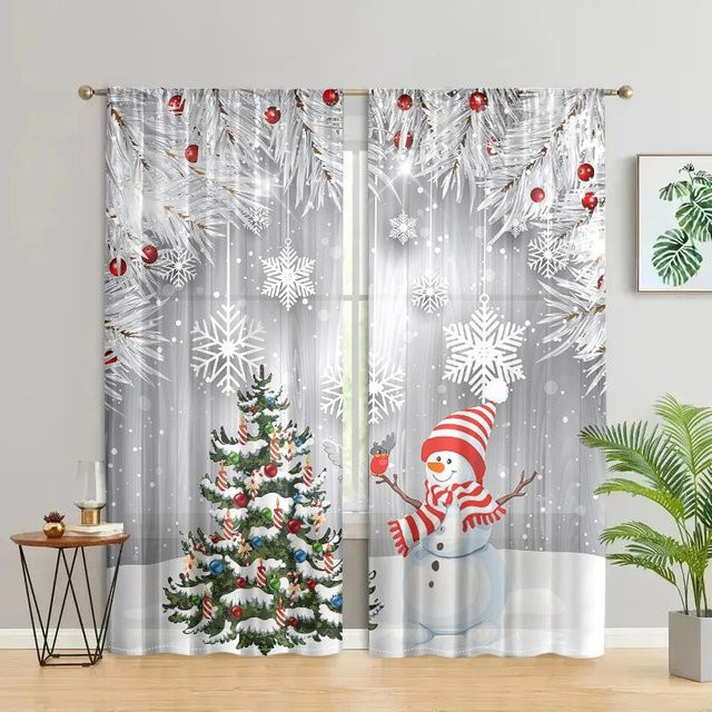 2er-Set Weihnachtsvorhänge mit Schneeflocken und Schneemann Motiv in Grau, halbtransparent, B: 150 cm, H: 166 cm - Bild 1