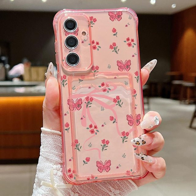 Samsung Handyhülle mit Kartensteckplatz und Schleifen-Aufdruck in Rosa für Galaxy S25 Edge S24 Ultra S23 S24 FE A56 A55 A25 A16 A15 A36 5G aus TPU - Bild 1