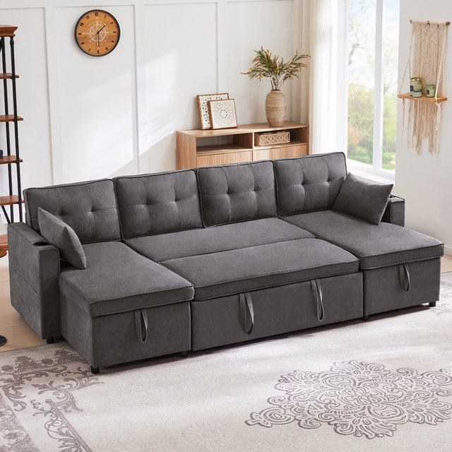 Okwish U-förmiges Polstersofa aus Baumwoll- und Leinenstoff mit Schlaffunktion, Getränkehalter und Stauräumen in Beige oder Grau - Bild 1