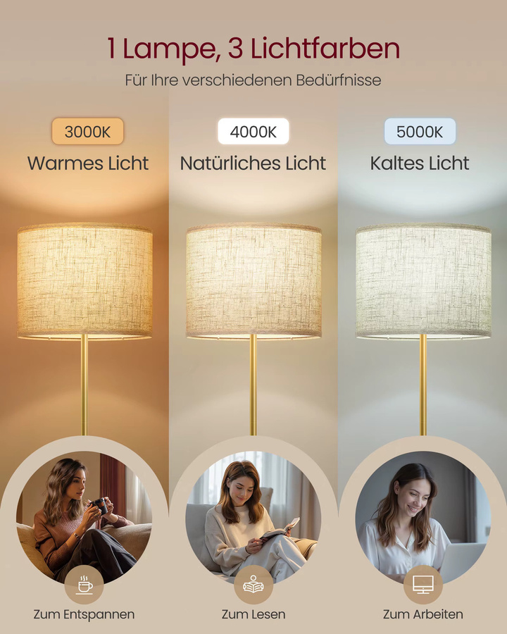 VASAGLE Stehleuchte in Gold-Schwarz mit beige Stoffschirm, höhenverstellbare Leselampe mit Fußtaster und modernem Design - Bild 2