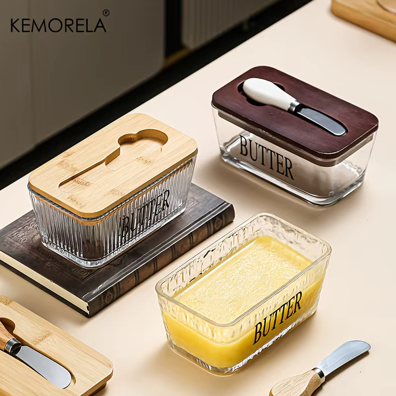KEMORELA Butterschale aus Glas mit Bambusdeckel und Messer, luftdichter Butter-Aufbewahrungsbehälter, transparent - Bild 3