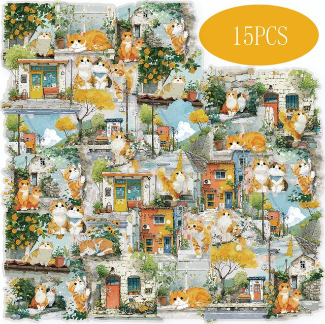 Etori Life Small Town Time 15-teiliges Set orangefarbene Katzen- und Stadtstraßenszenen-Aufkleber im Waldstil für Notizbücher und Handy - Bild 1