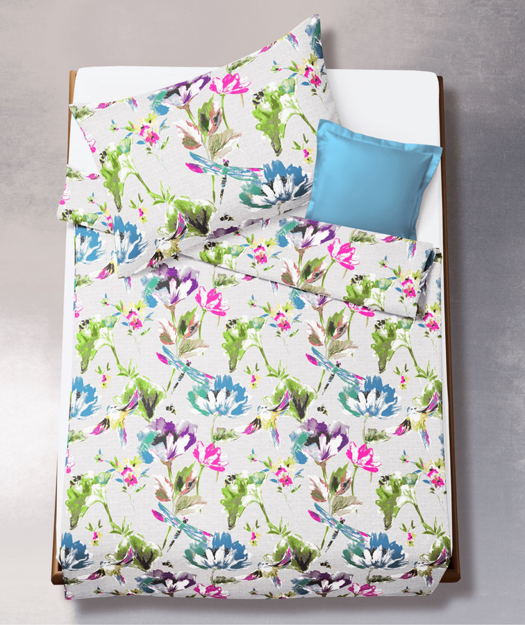 Fleuresse Mako-Satin Bettwäsche Blüten Libelle in Blau Grün Lila, B/H: 135 x 200 cm mit Kissenbezug 80 x 80 cm - Bild 1