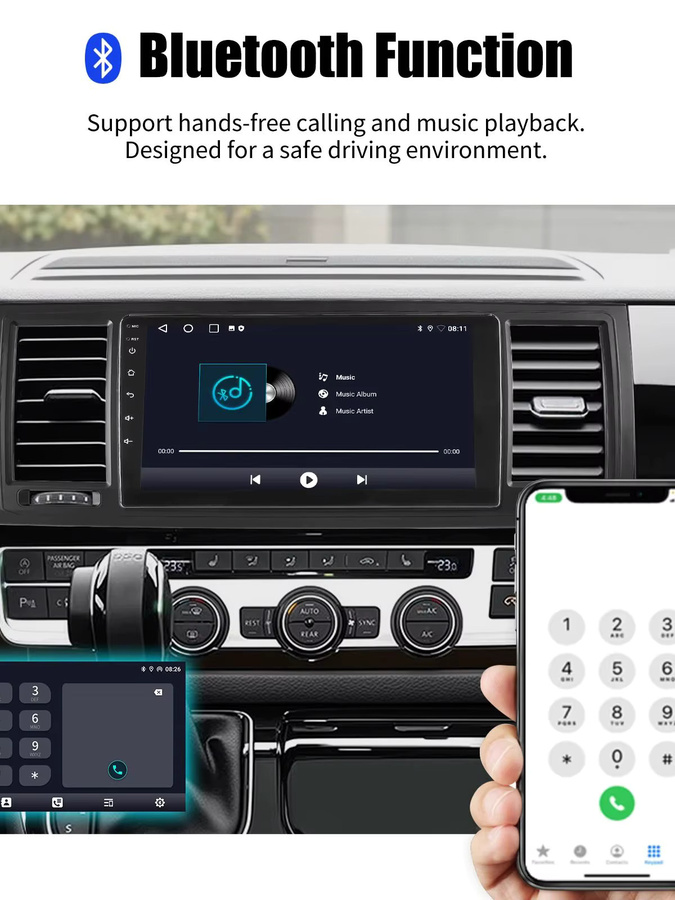 ESSGOO Android 15 Autoradio mit 9 Zoll Display, 64GB Speicher, kabelloses CarPlay, GPS, WLAN, Bluetooth und Mirror Link für VW T6 Transporter Multivan, Schwarz - Bild 5