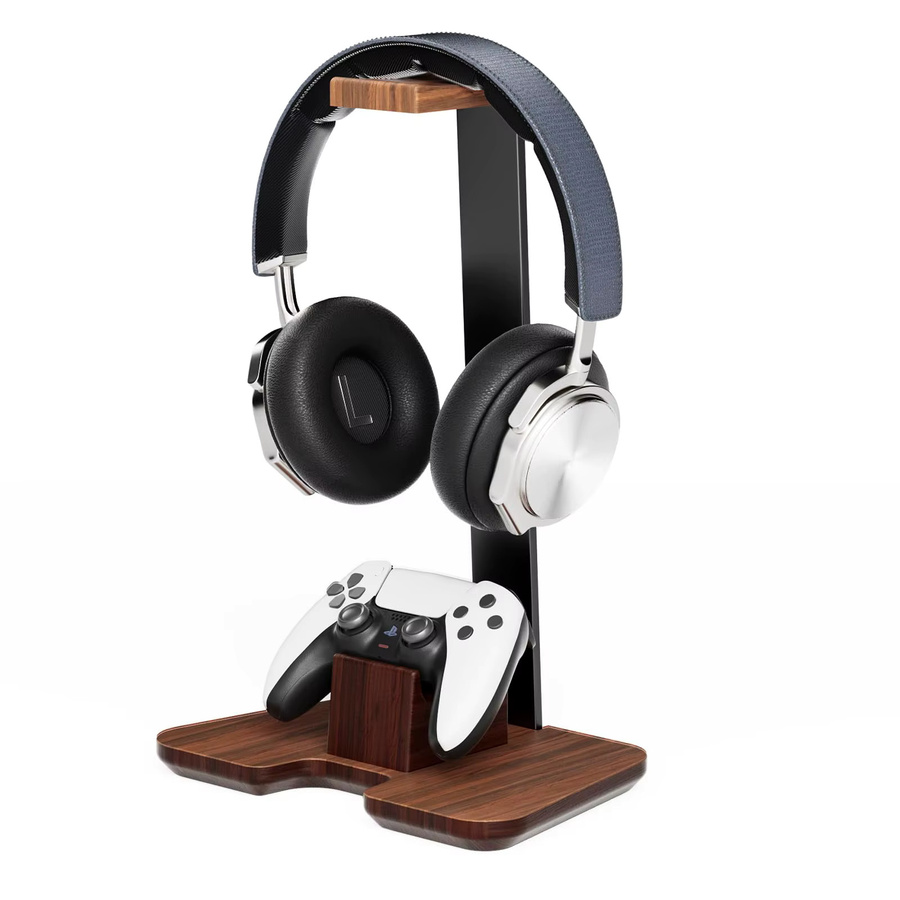 JINSERTA Universal Kopfhörer Ständer und Controller Halter aus Walnuss Holz und Aluminium Legierung in Braun - Bild 7