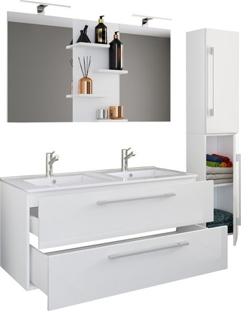 VCM Badmöbel-Set Budasi 4-teilig mit Doppelwaschtisch, Unterschrank, Hochschrank und Spiegel in Weiss