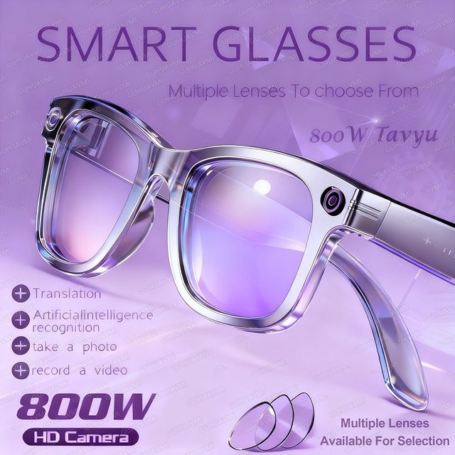GUHUAVMI Smart Brille mit Kamera und AI Foto Erkennung in Schwarz für Videoaufnahme, Anrufe und Sprachübersetzung - Bild 1