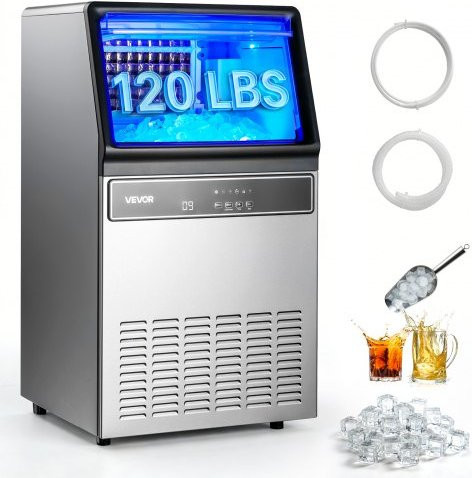 VEVOR Kommerzielle Eiswürfelmaschine aus Edelstahl in Silber mit LED-Anzeige, Selbstreinigung und 15 kg Eiswürfelspeicher, 59 kg Kapazität pro Tag - Bild 1