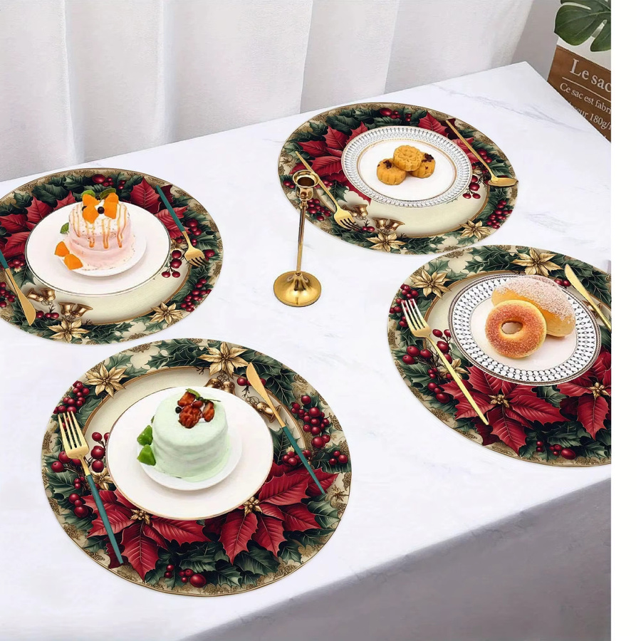 VIKAMA 4-teiliges Set weihnachtliche Tischsets in Rot, quadratisch mit floralem Design, wasserdicht und wärmeisolierend - Bild 3