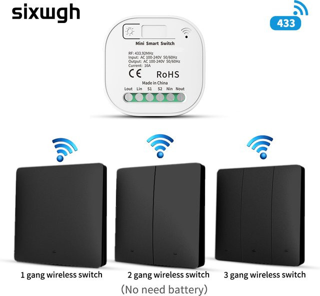 SIXWGH Kabelloses intelligentes Schalter-Set mit 433 MHz Fernbedienung für Wandinstallation im Wohnzimmer oder Außenbereich - Bild 1