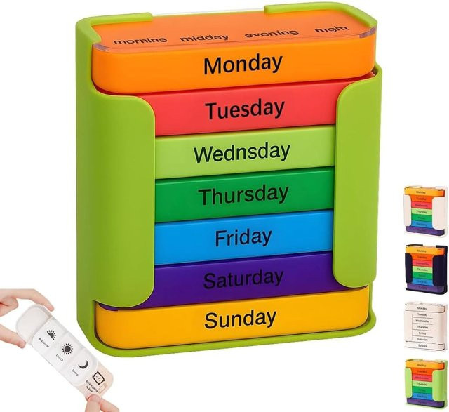 Untior 7-Tage-Medikamenten-Organizer in Grün und Multicolour mit großen Fächern für 4-mal tägliche Einnahmen, tragbare Pillendose für Vitamine und Tabletten, B/T/H: 12,0 x 11,5 cm - Bild 1