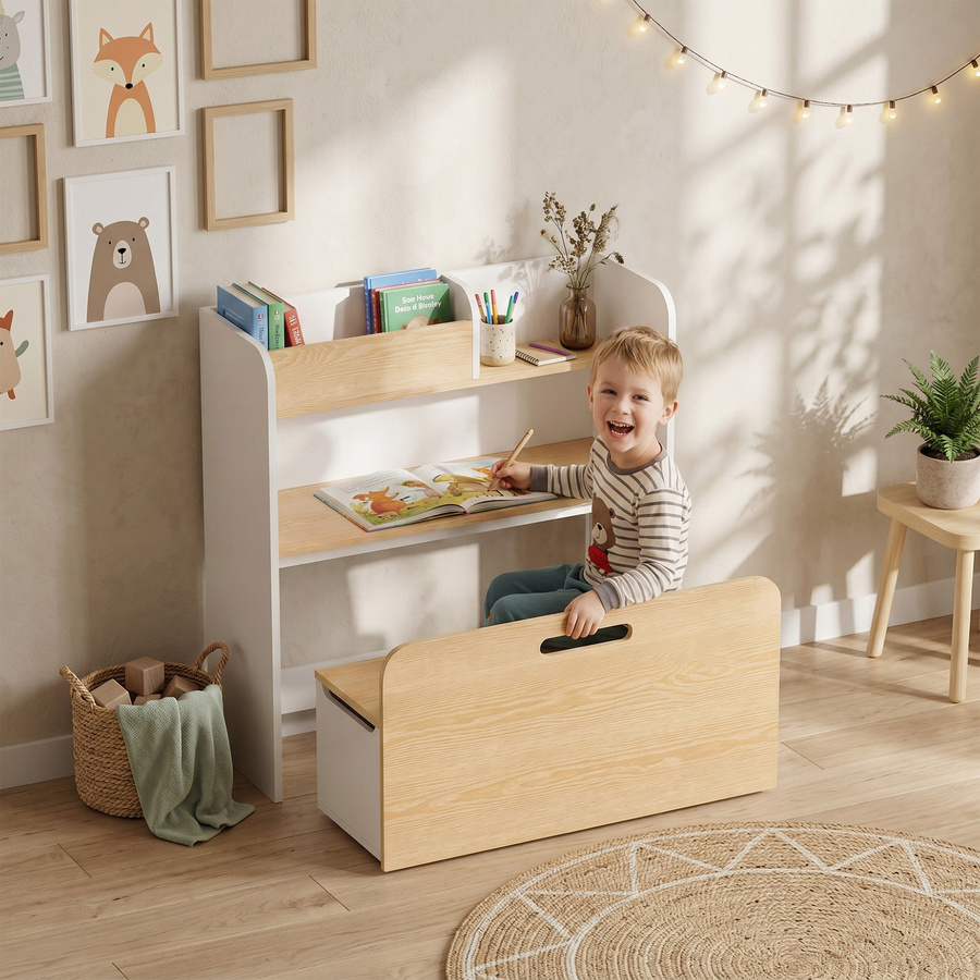 Aosom AIYAPLAY 5-in-1 Kindertisch mit Sitzbank und Bücherregal, rollbare Aufbewahrungsbox, Platzsparendes Kindermöbel-Set für Kinder von 3-8 Jahren, Weiß - Bild 2