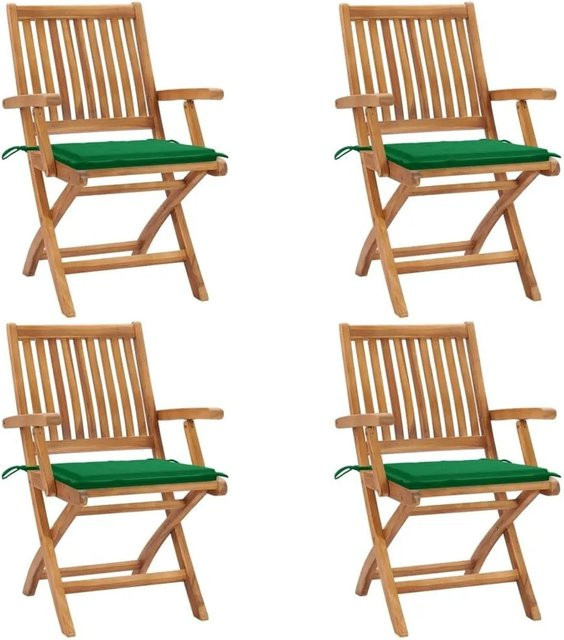 vidaXL Set aus 4 klappbaren Gartenstühlen aus Teakholz mit Kissen in Braun und Grün - Bild 1
