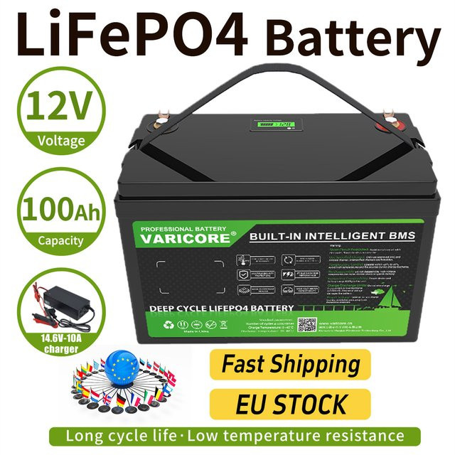 VariCore LiFePO4 Lithium-Eisenphosphat-Batterie 12V/12,8V 100Ah mit BMS und Ladegerät, Schwarz - Bild 1