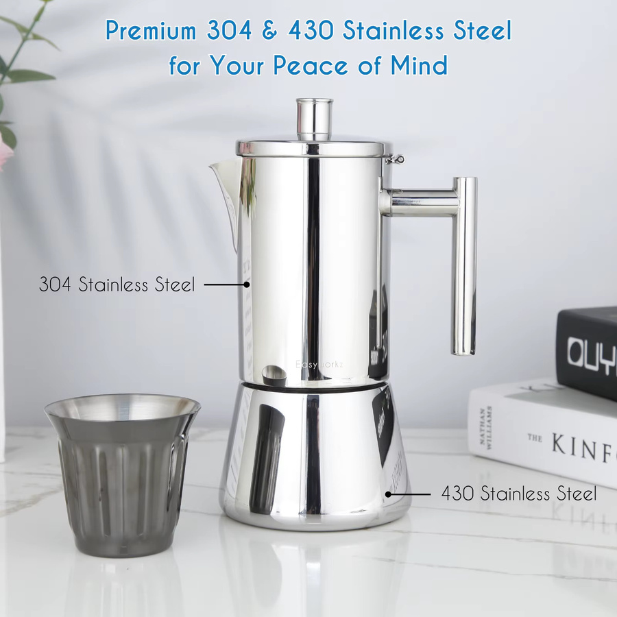 Easyworkz Diego 304 Edelstahl Moka-Kanne Induktions-Espressokocher in Silber mit Reduzierstück für 4/6/12 Tassen (200/300/520ml) - Bild 2