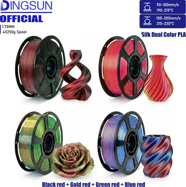 DINGSUN 3D Seiden-PLA-Filament-Bundle Mehrfarbig Gold und Rot, Glänzendes Zweifarbiges FDM 3D-Drucker-Filament 1,75mm, 4 x 250g - Bild 1