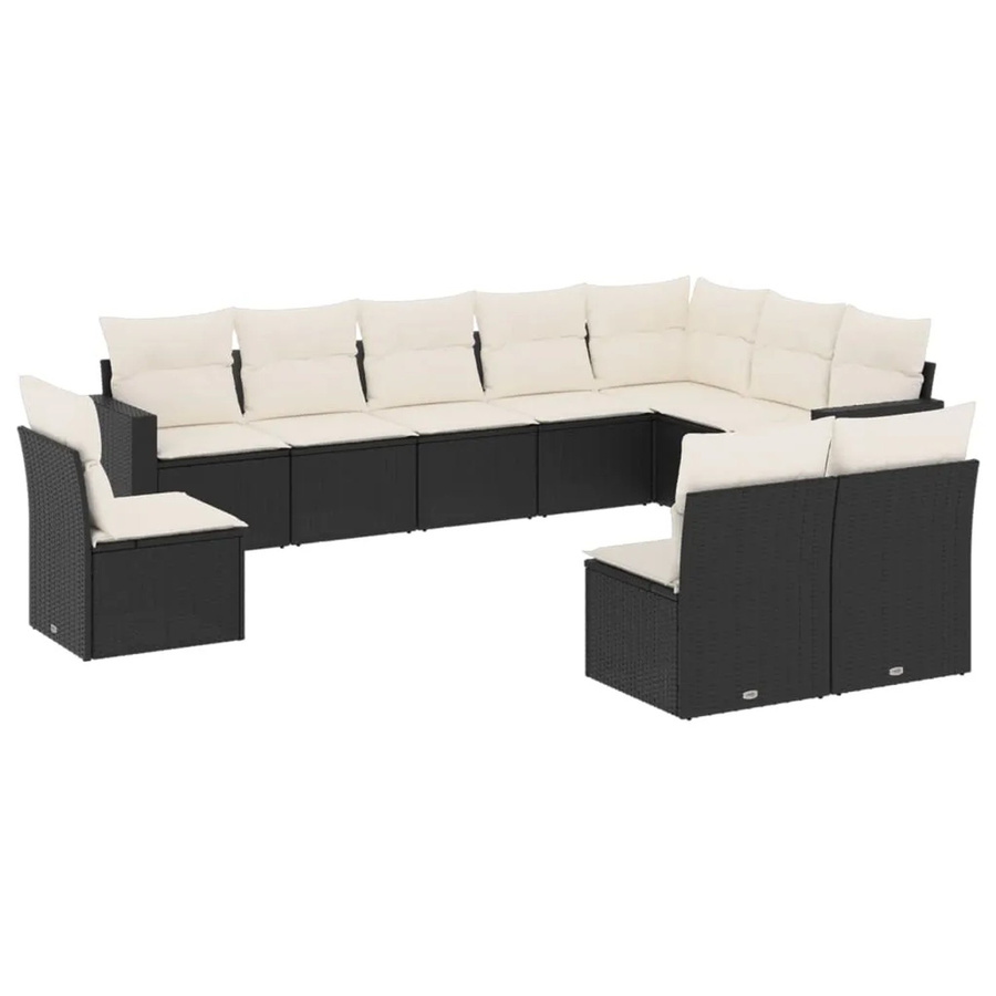 vidaXL 10-tlg. Garten-Sofagarnitur in U-Form aus Polyrattan mit Kissen, Schwarz und Cremeweiß - Bild 2