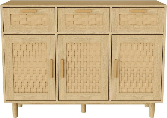 PXloue Sideboard Küchenschrank aus Massivholz und Bambus mit 3 Schranktüren und 3 Schubladen, Farbe: beige, B/T/H: 108 x 40 x 80 cm - Bild 1