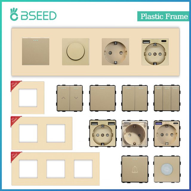 BSEED Mechanischer Knopfschalter mit USB Typ-C Ladeanschluss und Kunststoffrahmen in Beige - Bild 1