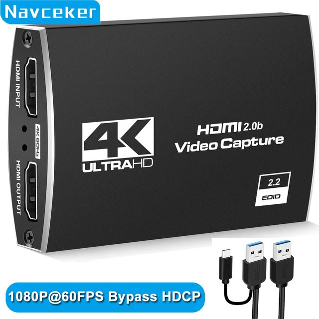 Navceker 4K UHD Video Capture Card mit HDMI Bypass, USB 3.0 Video Grabber für 1080P 60Hz Live-Streaming und Spielaufnahme, Schwarz - Bild 1