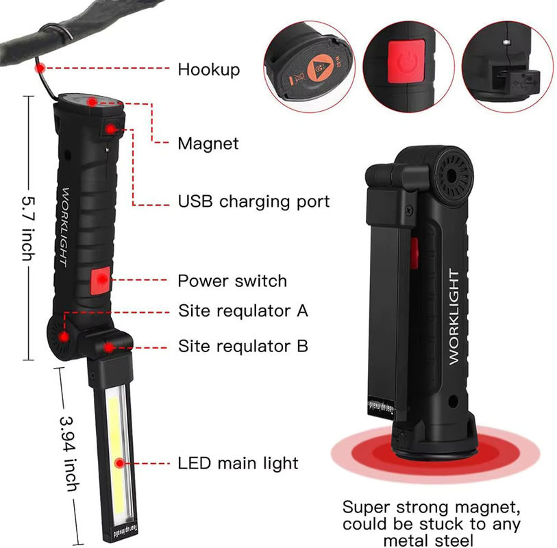 ESMARTER COB LED Taschenlampe, USB wiederaufladbare Arbeitsleuchte mit Magnet und Hängemöglichkeit, Schwarz - Bild 5