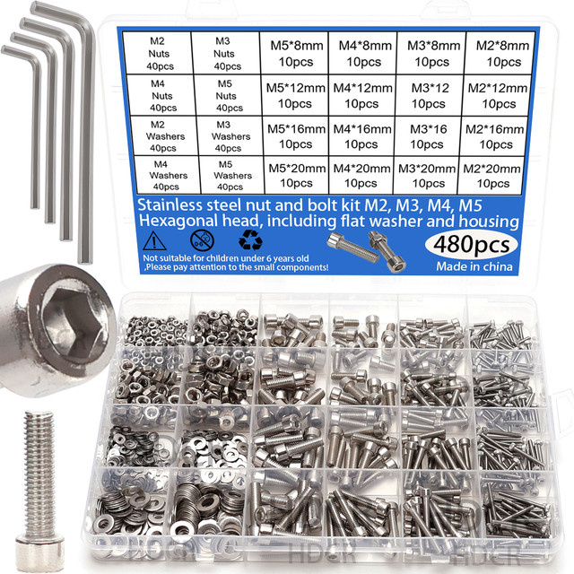 480-teiliges Edelstahl-Set mit Sechskantmuttern, Bolzen, Unterlegscheiben und Becherkopfschrauben in Silber, Größen M3, M4, M5, M6 - Bild 1