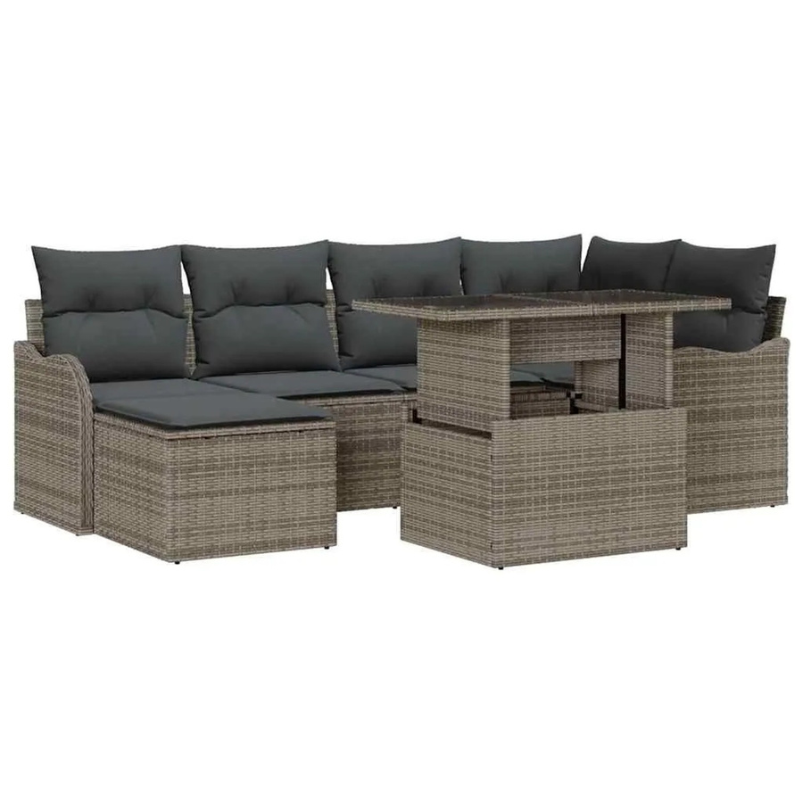 vidaXL Garten-Sofa-Set aus Polyrattan in Grau mit 7 Teilen, Ecksofa, Armlehnensofa, Hocker und Tisch inklusive Kissen und integriertem Stauraum - Bild 2