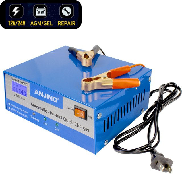 Intelligentes Autobatterie-Ladegerät mit Impulsreparatur für 12V/24V Blei-Säure-Batterien bis 200Ah, Blau, inklusive EU/US-Stecker und Adapter - Bild 1