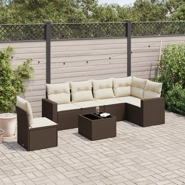 vidaXL 7-teilige Garten-Sitzgruppe aus Polyrattan in Braun mit L-Form und wetterfesten Kissen - Bild 3
