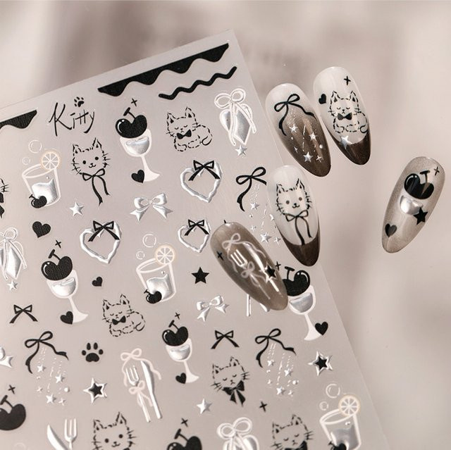 NAILFYOU 5D Nagelsticker, Silberne schwarze Schleifen-Kätzchen, Unisex - Bild 1