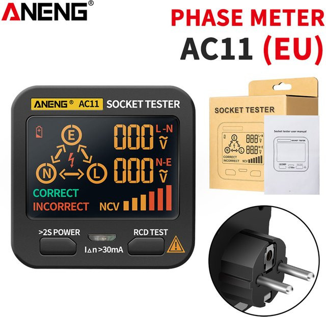 ANENG AC10/AC11 Digitaler Steckdosendetektor zur Prüfung von Polarität und Phase für US/EU/UK Stecker - Bild 1