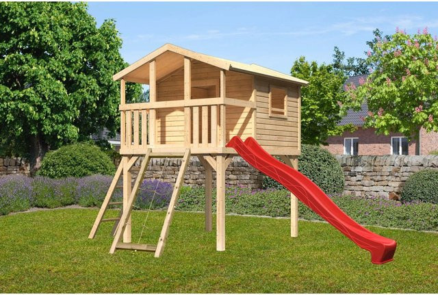 Karibu Spielturm Benjamin Stelzenhaus Naturbelassen mit Leiter, Netzrampe und Rutsche in Natur-Braun, B/H/T: 225 x 309 x 250 cm - Bild 1