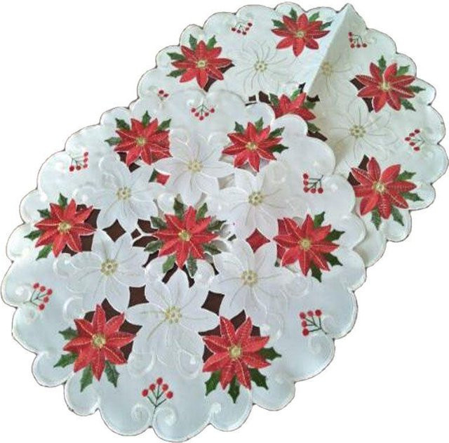 Yiran Furniture Tischset Weihnachts-Poinsettia Stickerei aus Baumwolle, Rund, Durchmesser: 40 cm, Grau/Weiß - Bild 1