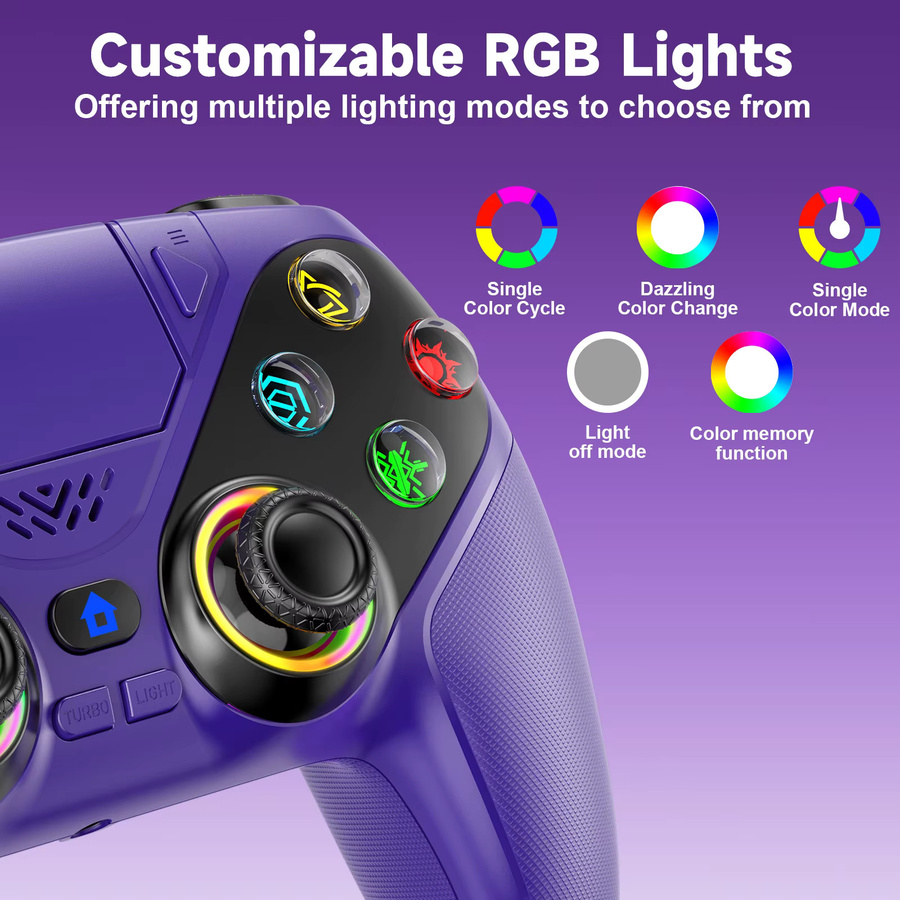 Bonadget Wireless Controller für PlayStation 5 und PC mit RGB-Beleuchtung, 6-Achsen-Gyro und Dual-Vibration in Weiß und Lila - Bild 2