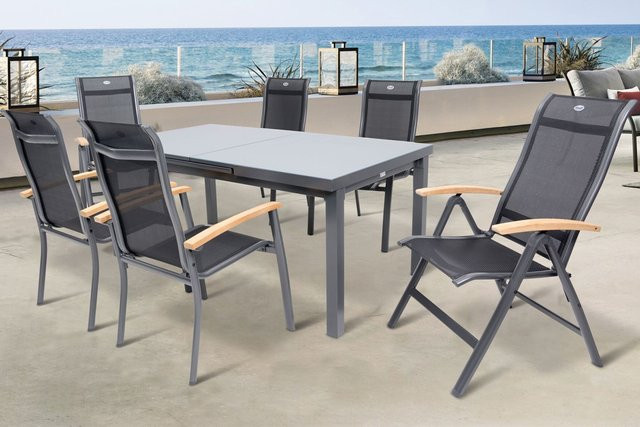 Hartman Alice Garten-Essgruppe in Xerix, Tisch mit Einscheibensicherheitsglas und 6 Stühlen aus Aluminium und Textil, Farbe: Anthrazit/Grau/Schwarz, Tisch B: 180 bis 240 cm, T: 100 cm, H: 76 cm - Bild 1