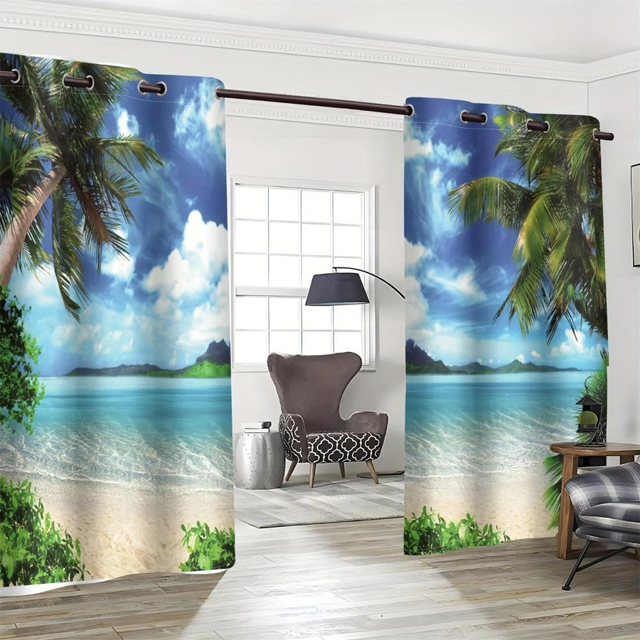 Yiran Furniture Vorhang Set mit Sommer Frühlingslandschaft Baum Wald Fluss Wasserfall Muster, 2 Stück, halbtransparent, Multicolor, B: 140 cm, H: 160 cm - Bild 2