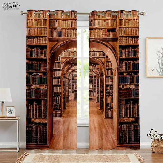Yiran Furniture Retro Vorhänge mit 3D-Bücherregal-Print, 2-teiliges Set, Braun, halbtransparent, B: 50 cm, H: 160 cm - Bild 1