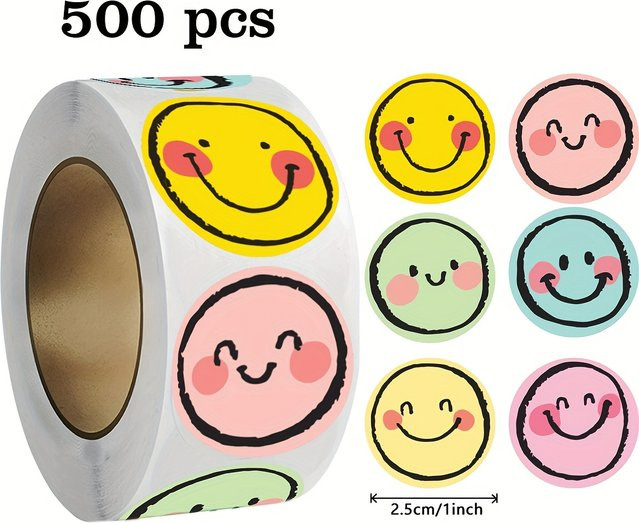 500 Stück bunte Smile Face-Papieretiketten in verschiedenen Farben (Gelb, Rosa, Grün, Blau, Lila) für vielseitige Anwendungen - Bild 1