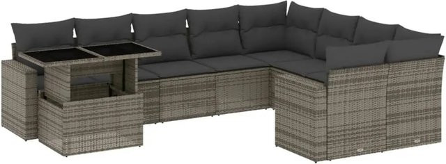 vidaXL 10-tlg Garten-Sofagarnitur in L-Form aus grauem Poly-Rattan mit Kissen und pulverbeschichtetem Stahlgestell - Bild 1