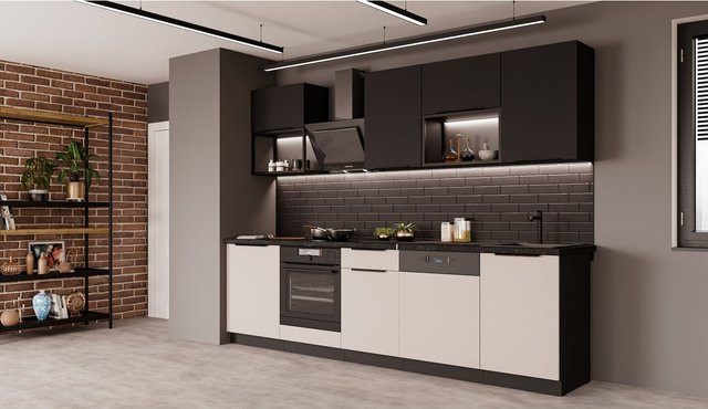 Küchenzeile ARONA + SIENA BASIC LOFT in Kaschmir und Schwarz, modern und matt, Breite: 280 cm - Bild 1