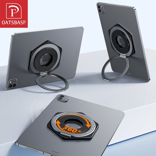 Oatsbasf Magnetischer Tablet-Halter aus Metall in Schwarz mit 360 Grad drehbarer Ringständerhalterung und selbstklebender Befestigung für iPad und andere Tablets - Bild 1