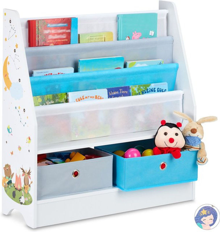 Relaxdays Kinderregal mit Tiermotiv in Bunt, Spielzeug Aufbewahrung mit 2 Boxen und 3 Fächern, H x B x T: 74 x 71 x 23 cm - Bild 1