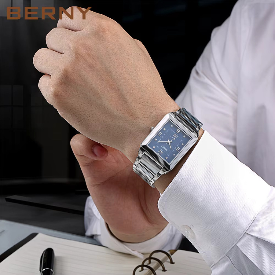 BERNY Armbanduhr Edelstahl, Quarz, eckig, Saphirglas, Blau, Herren - Bild 4