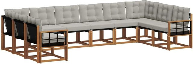 vidaXL Outdoor-Sofagarnitur 10-teilig aus Akazienholz mit Textilene und Kissen in Natur und Hellgrau - Bild 1