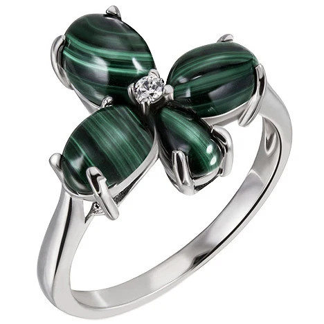 Colfem Ring Blume, 925 Silber, Malachit, Zirkonia, Damen, Ringgröße 58 - Bild 1