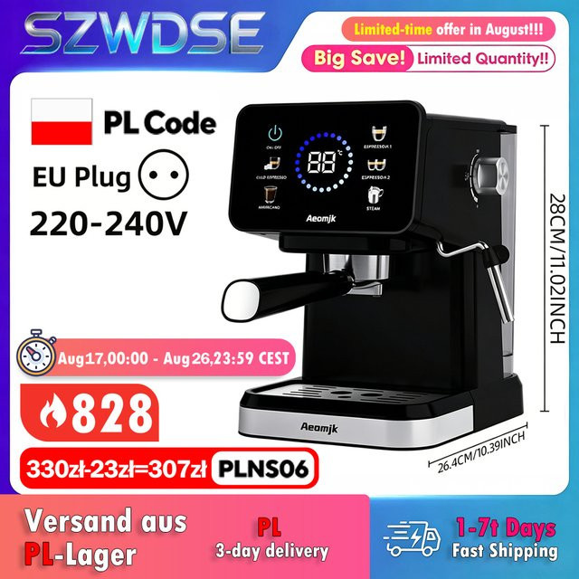 SZWDSE Halbautomatische Espressomaschine mit integriertem Milchaufschäumer und Temperaturregelung, 20 bar Druck, Schwarz - Bild 1