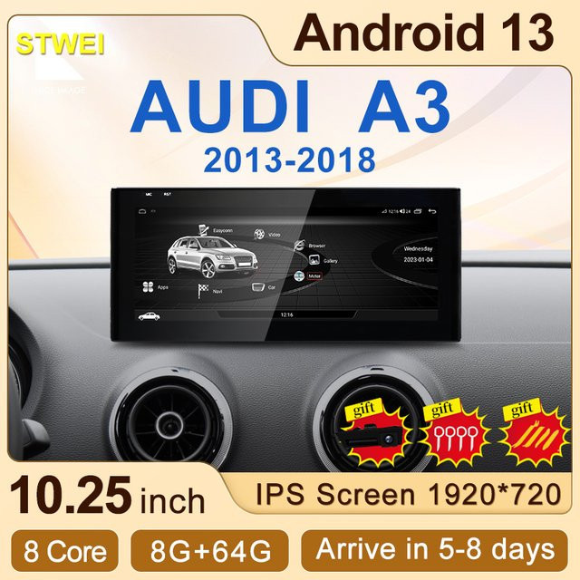 STWEI Android 13 Carplay Multimedia Video Player mit GPS Navigation für Audi A3 (Baujahre 2013-2018), 10,25 Zoll, Schwarz - Bild 1
