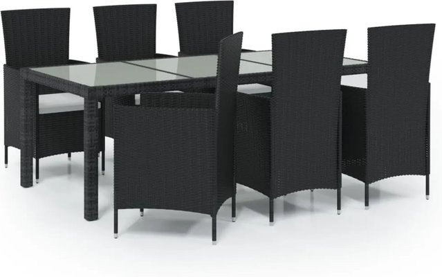 vidaXL 7-tlg Garten-Essgruppe aus Poly Rattan in Schwarz mit cremeweißen Auflagen und Hartglasplatte - Bild 1