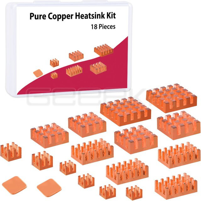 Geeekpi 18-teiliges Kupfer-Kühlkörper-Set für Raspberry Pi 5 und Pi 4B inklusive wärmeleitendem Klebeband in Silber und Orange - Bild 1